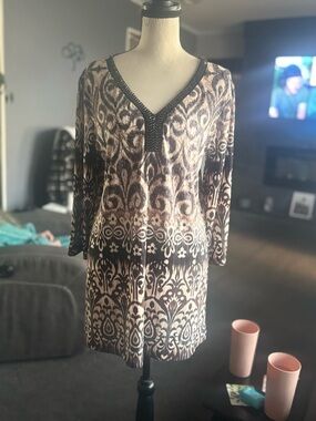 NWOT Christopher & Banks Brown and Cream Patterned V-Neck with Beads Tunic